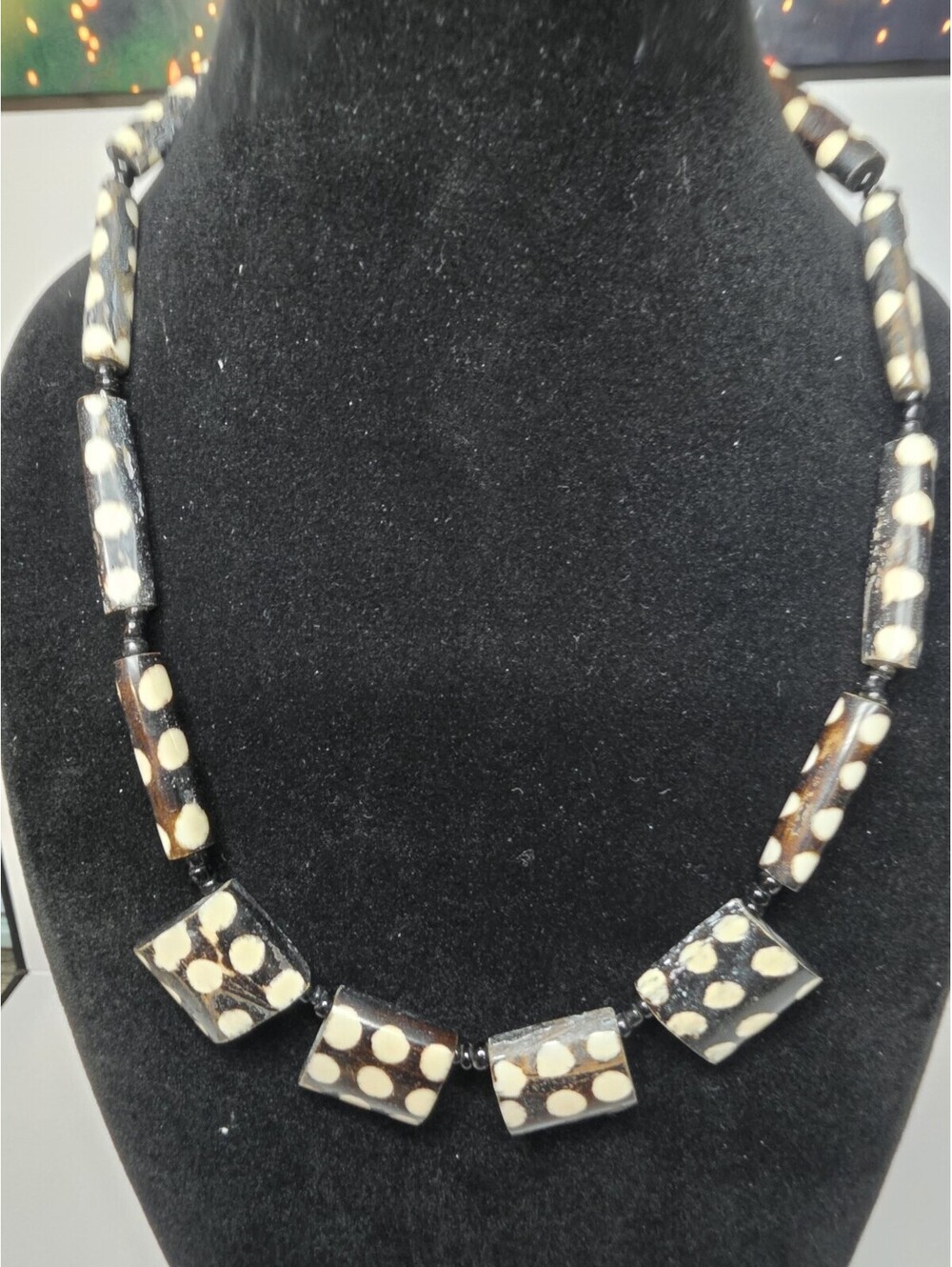 Vintage African Batik Bone Necklace Polka Dot Tube Square Bead Tribal Choker